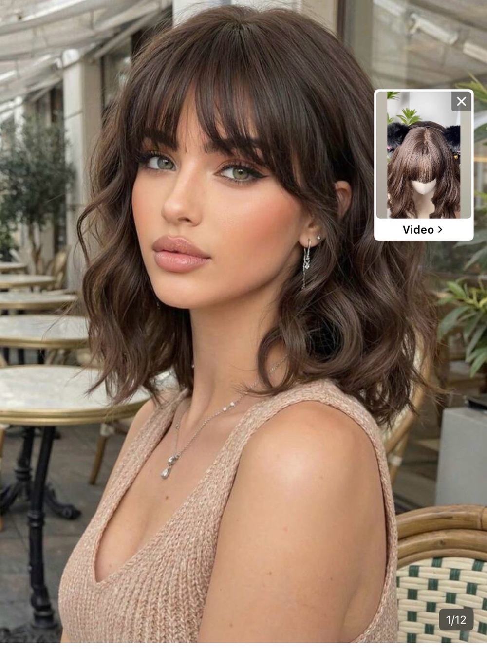 SHEIN Medium Brown Wavy Shoulder-Length Wig with Bangs
